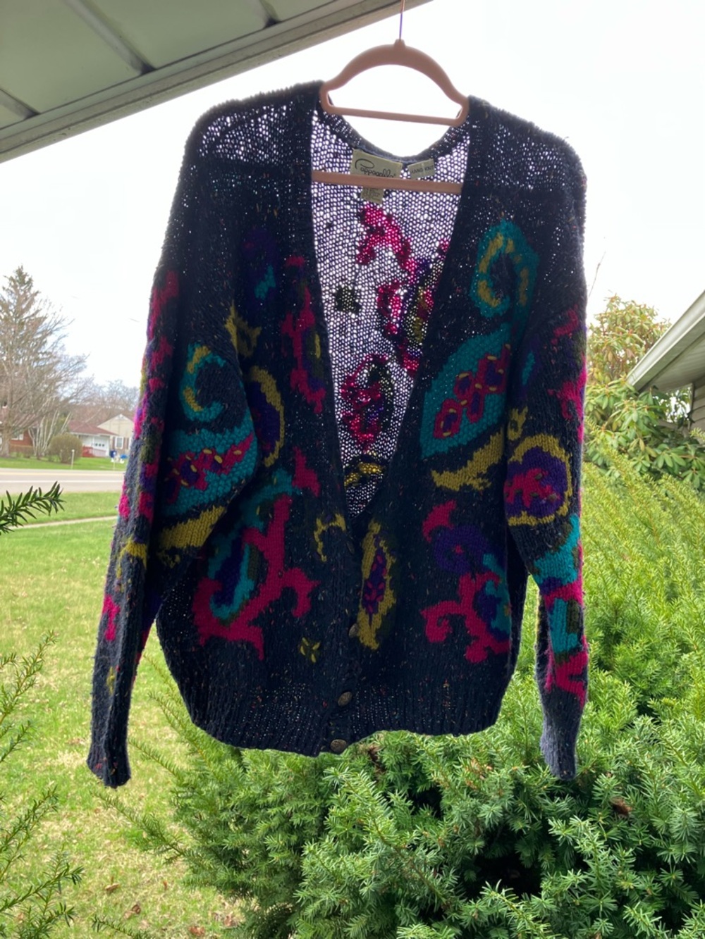 1980s Navy Blue Confetti & Paisley Oversized Knit Cardigan